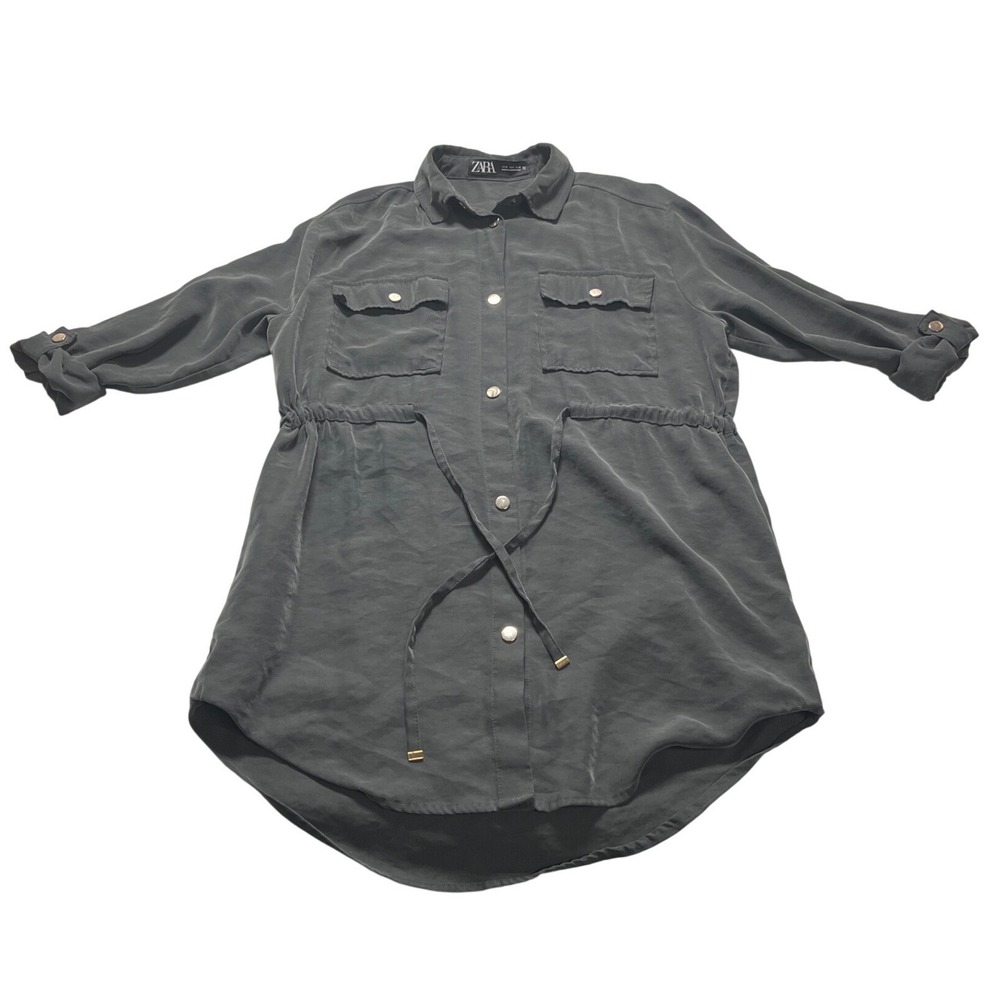 Zara Women Charcoal Grey Utility Shirt Dress Drawstring Waist Roll Tab Sleeve‎ M
